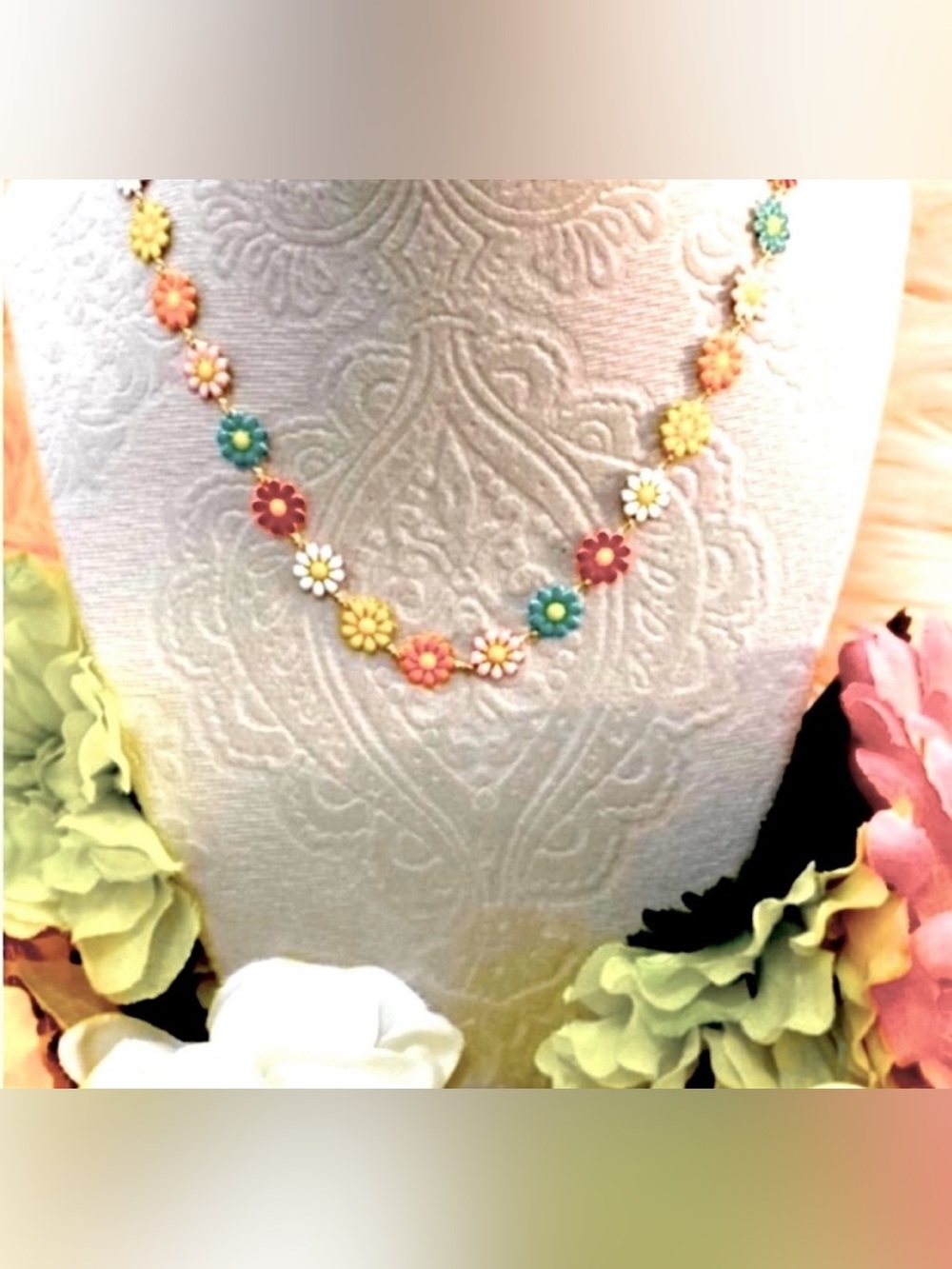 Enamel Daisy Necklace Multi Colored and Gold Chain NEW!